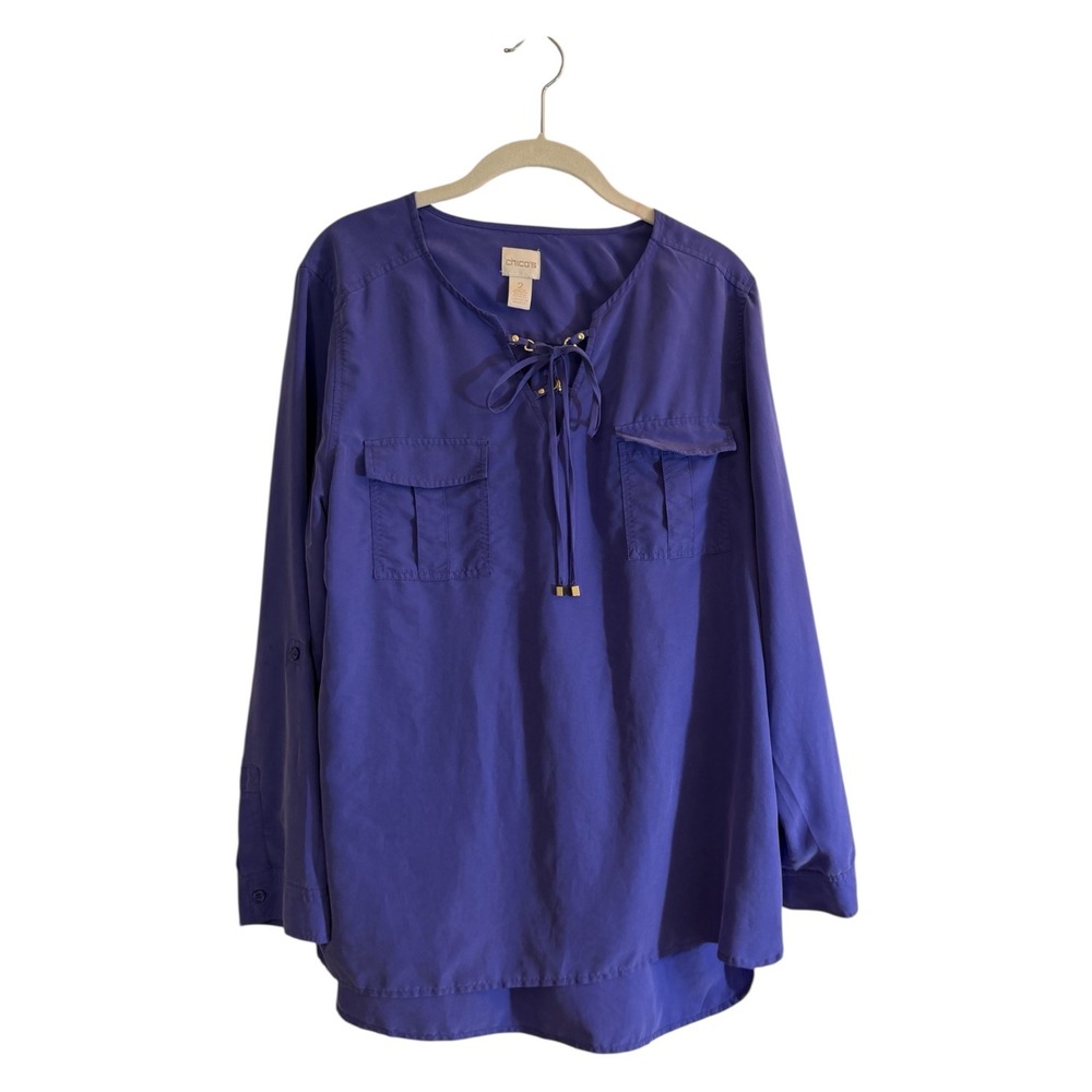Chico's Blouse Purple L Womens Lace Up Roll Tab Utility Tunic Top